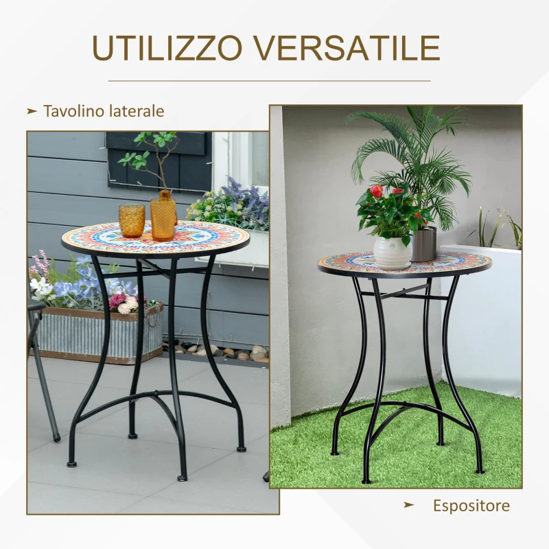 Outsunny Tavolo da Giardino Tondo Ø60cm in Metallo e Mosaico, Arredamento da Esterno e Interno, Rosso