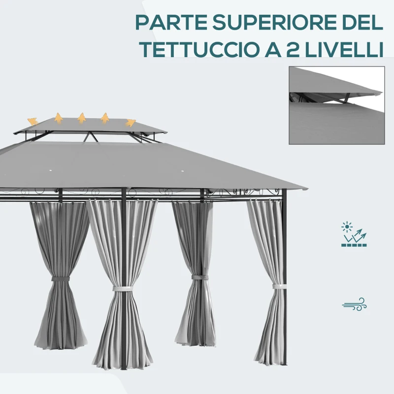Outsunny Gazebo 4x3 m con 6 Tende e Tetto a 2 Livelli, in Acciaio e Poliestere, Grigio Scuro
