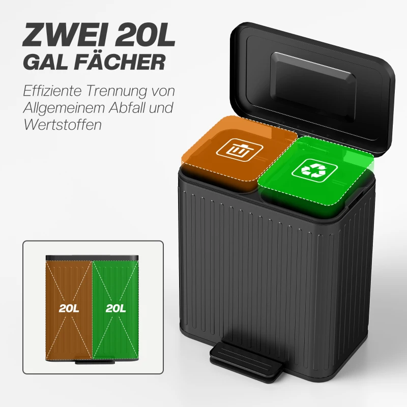 HOMCOM Küchenmülleimer, 2 x 20 L-Fächer, effiziente Mülltrennung, Fußpedal, Kunststoff, Metall, Schwarz