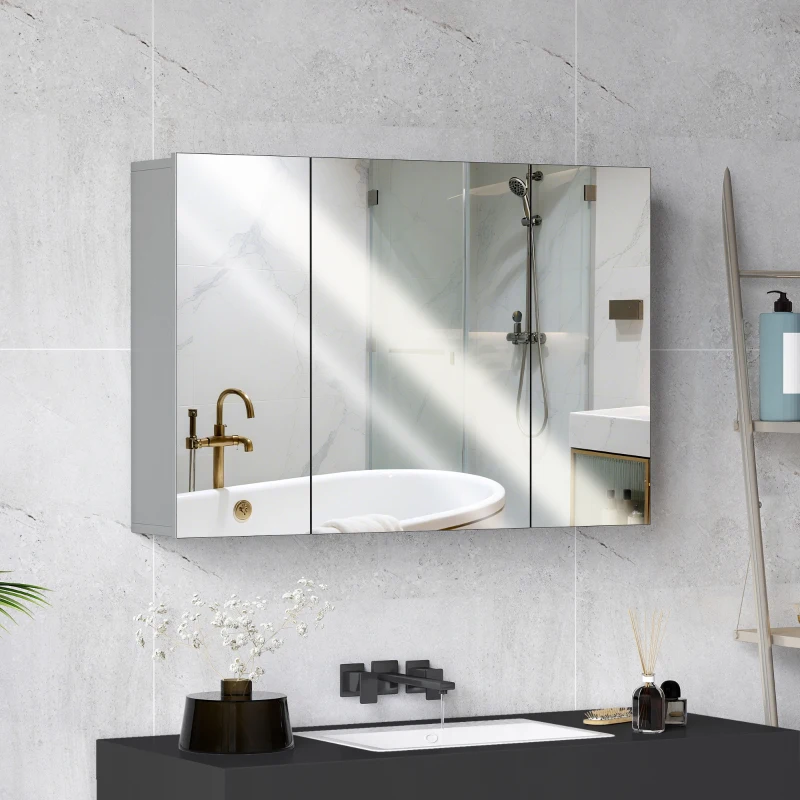 kleankin Armadio bagno da parete con 3 ante a specchio e ripiani regolabili, 90x15x60 cm, Grigio
