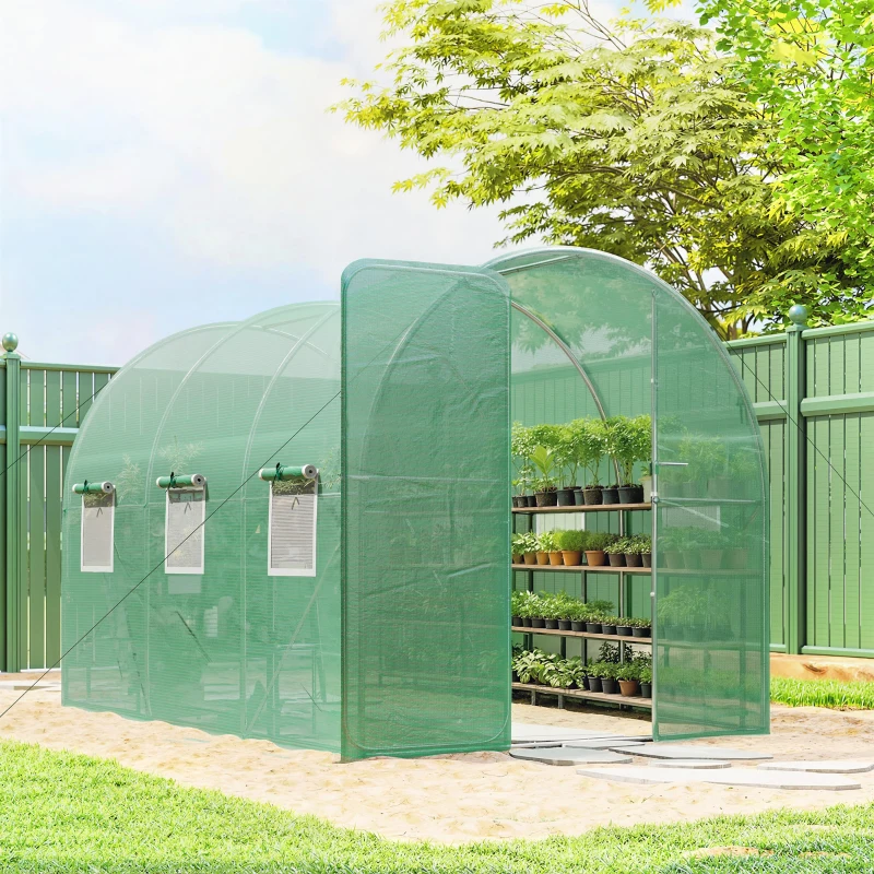 Outsunny Serre tunnel de jardin 6m², serre de jardin tunnel 200x300x200cm porte et 8 fenêtres, bâche PE 140 g/m² vert