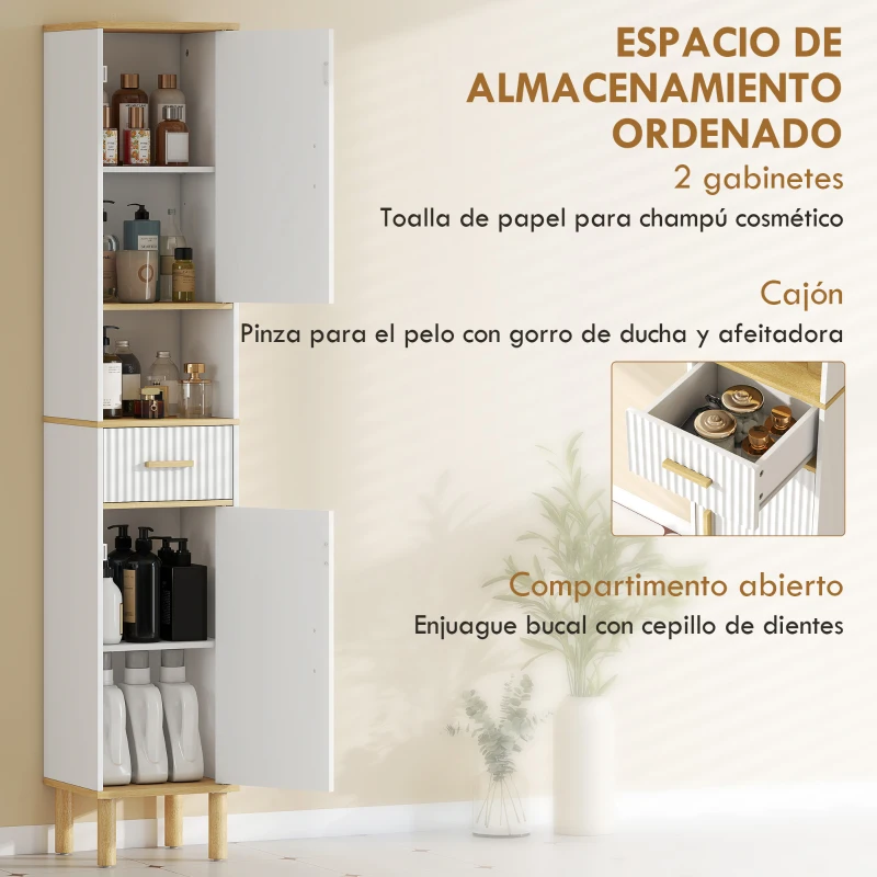 HOMCOM Columna de Baño Estrecha con Estantes Ajustables Cajón Compartimento Abierto 31,5x29,7x171,5 cm Blanco