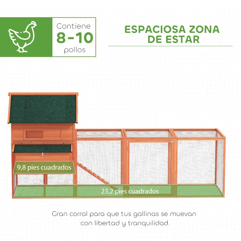 PawHut Gallinero de Madera Grande Exterior con 2 Nidos Corral Techo Asfáltico Bandeja Extraíble y Rampa 347x160x150 cm Naranja