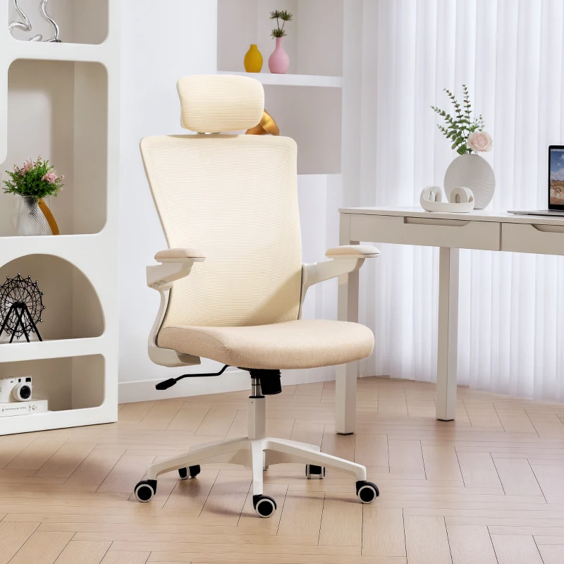 HOMCOM Scaun birou ergonomic, scaun de birou, cotiere rabatabile, suport lombar, tetieră, 60x63x120cm, bej