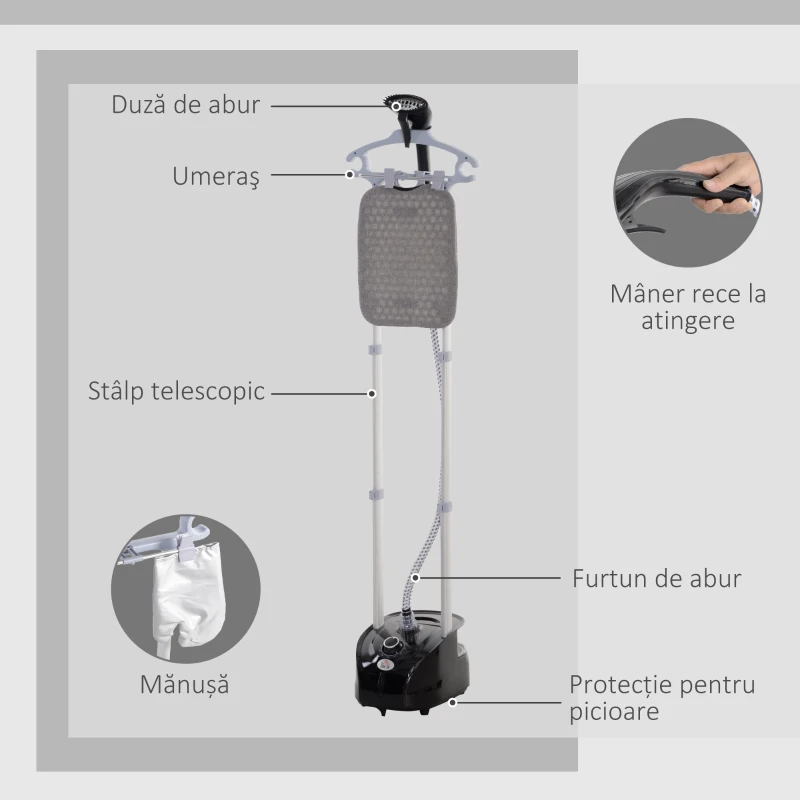 HOMCOM Aparat de Călcat Vertical cu Abur, Fier de Călcat cu Rezervor de 2L, Putere 1950W, cu 2 Tije Telescopice, 35x25x23cm, Negru