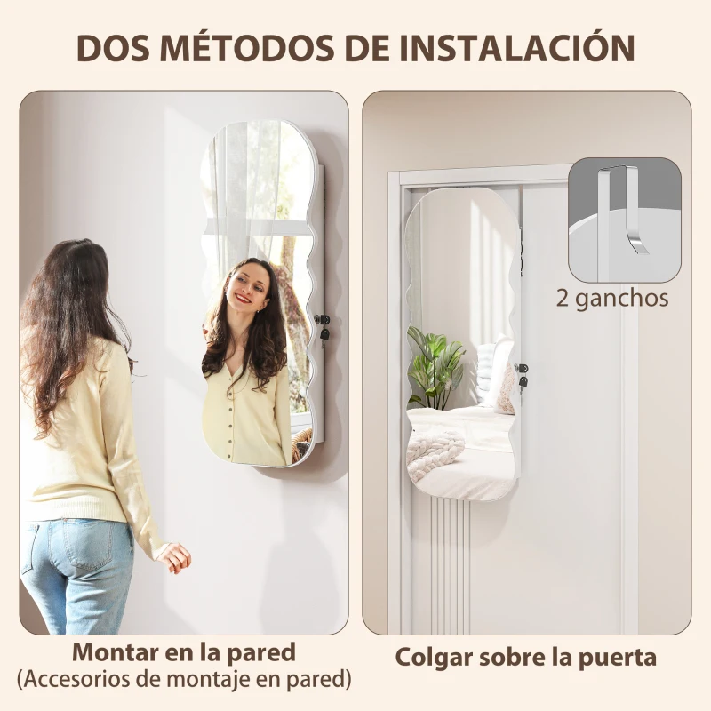 HOMCOM Espejo Joyero con Luz LED Montado en la Pared o en la Puerta con Cerradura Espejo Entero Blanco