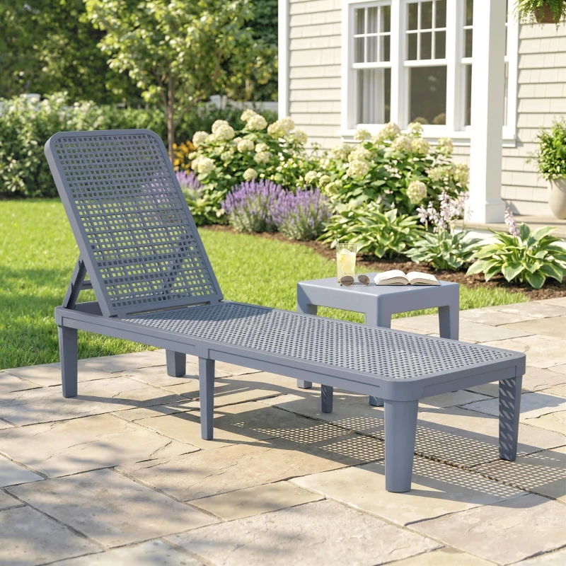 Outsunny Șezlong reclinabil de grădină exterior cu spătar reglabil în 4 poziții și cadru din PP 191x55x35,5 cm Gri închis