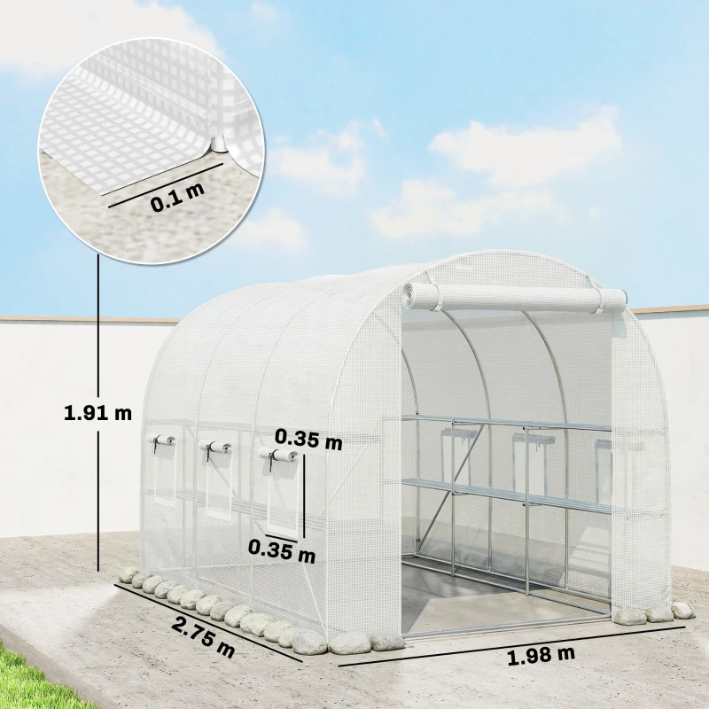 Outsunny Seră aprox. 2,7 x 2 x 2 m cu rafturi, ușă rulabilă cu fermoar, 6 ferestre cu plasă, tije de susținere