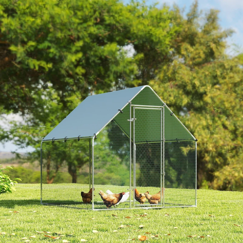 PawHut Enclos poulailler extérieur 4 m², parc grillagé - acier galvanisé Ø19mm - bâche Oxford 420D anti-UV 200x200x200cm argent