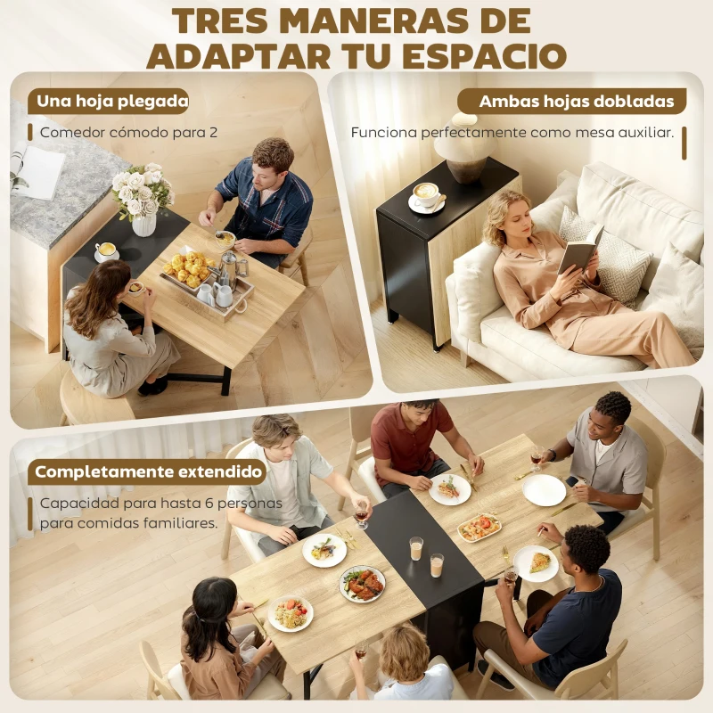 HOMCOM Mesa Plegable de Comedor con Alas Abatibles 4 Compartimentos 3 Formas para Cocina Salón 169x60x75 cm Natural Oscuro