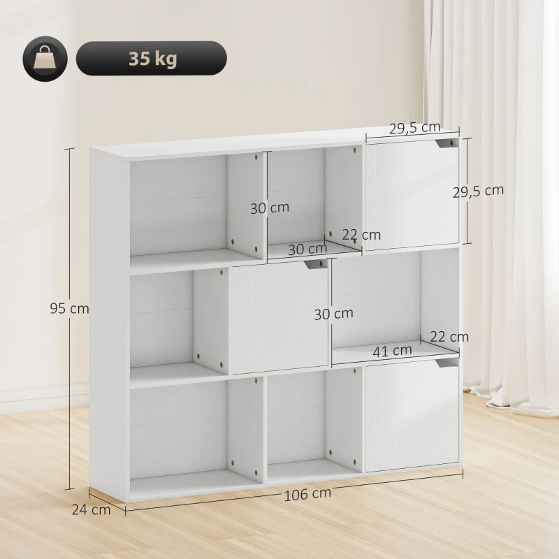 HOMCOM Estantería para libros, 9 compartimentos tipo cubo, 3 puertas, 6 estantes abiertos, para salón, dormitorio, tablero de partículas, Blanco