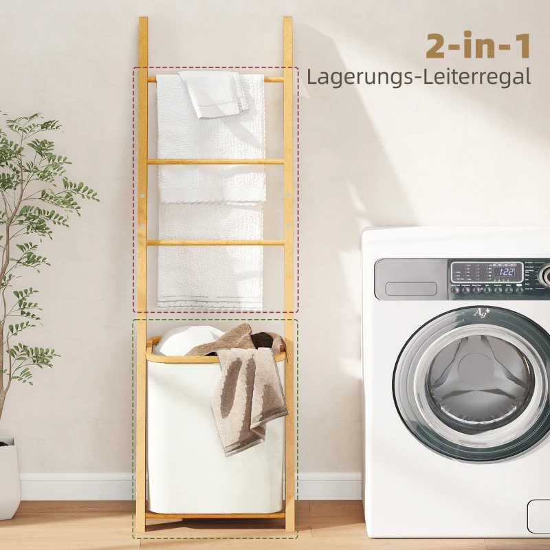 HOMCOM Badregal, 2-in-1 Badezimmerregal mit 3 Stangen, abnehmbarer 48L-Wäschekorb, Bambus, 43 x 35 x 133 cm, Cremeweiß