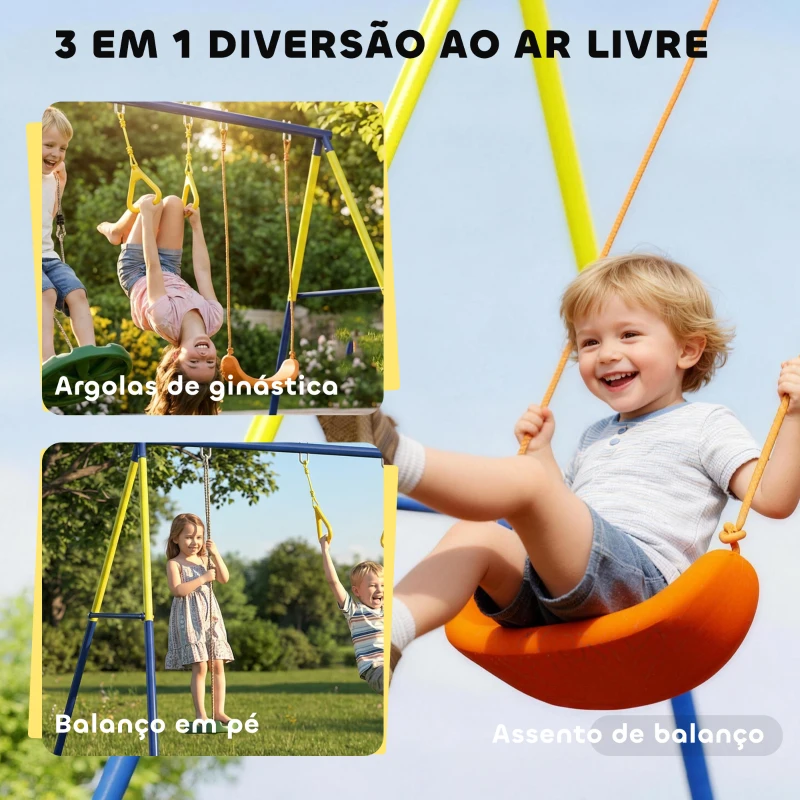 AIYAPLAY Baloiço Infantil 3 em 1 com Argolas de Ginástica para Crianças dos 3 aos 8 Anos 285x160x181 cm Multicolor