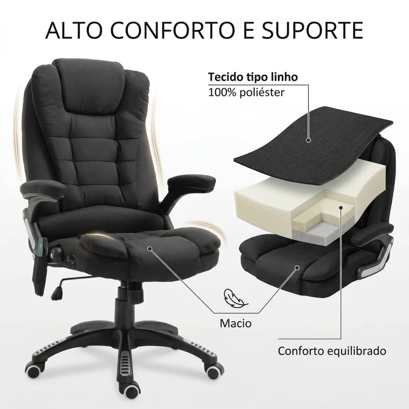 Vinsetto Cadeira para Secretaria c/ 6 Pontos de Massagem Reclinável até 130° com Aquecimento Preto