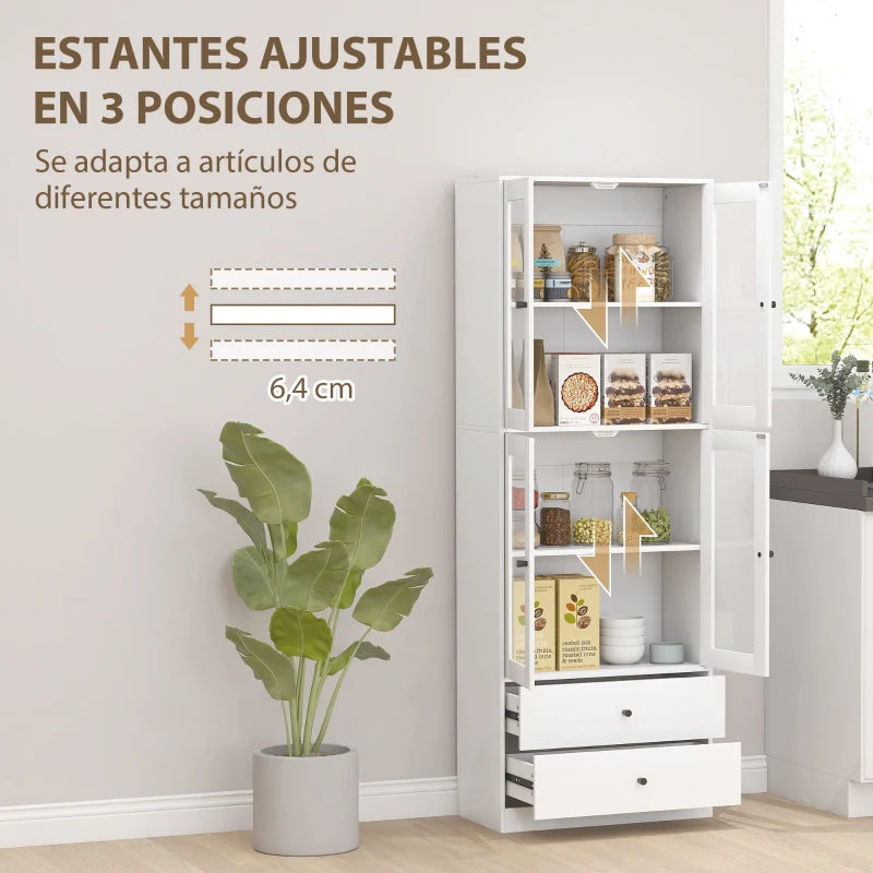HOMCOM Alacena de Cocina Alta con 4 Puertas de Vidrio 2 Cajones Estantes Ajustables 59x30x170 cm Blanco
