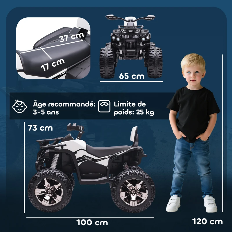 HOMCOM Quad Buggy électrique Enfant 12 V 8 Km/h Max. Voiture électrique Enfant avec Effets Lumineux sonores métal PP Blanc Noir