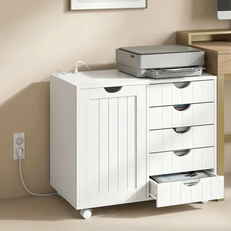 HOMCOM Mobilier pentru imprimantă cu stație de încărcare și roți 5 sertare porturi USB poliță reglabilă alb