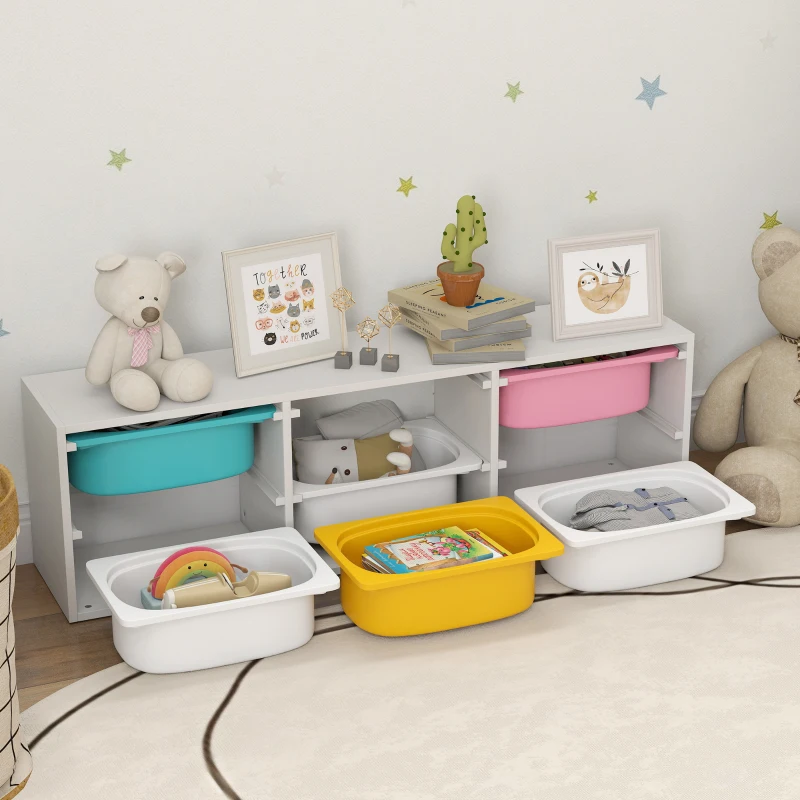 AIYAPLAY Mueble de almacenamiento infantil de 2 niveles, estantería para juguetes con 6 cajas extraíbles, 97x21x29cm, blanco