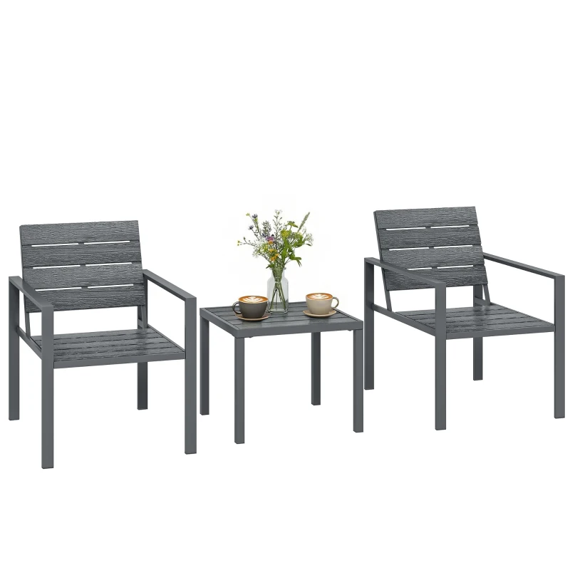 Outsunny Ensemble jardin 3 pièces avec 2 chaises d'extérieur et table basse, en HDPE et métal, Gris foncé