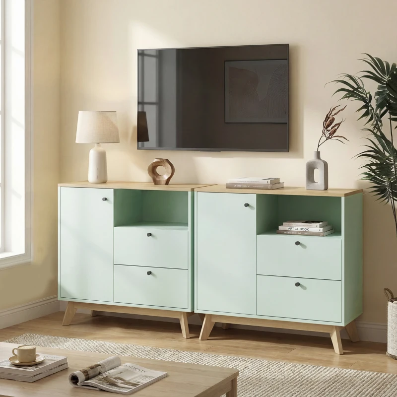 HOMCOM Bufet pentru living, mobilier de depozitare cu ușă, 2 sertare, compartiment deschis și raft reglabil, verde deschis și stejar