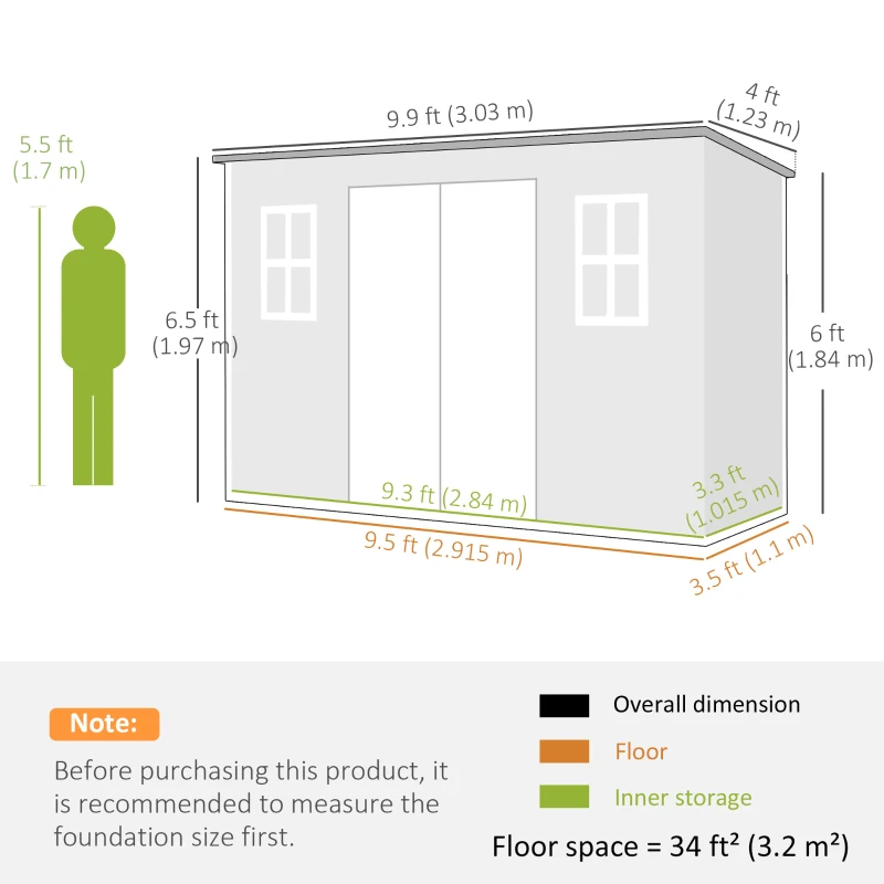 Outsunny Căsuță depozit 3,2m², șopron cu acoperiș în pantă, 303x123x197cm cu fereastră, ușă încuiabilă, orificiu de ventilație, podea