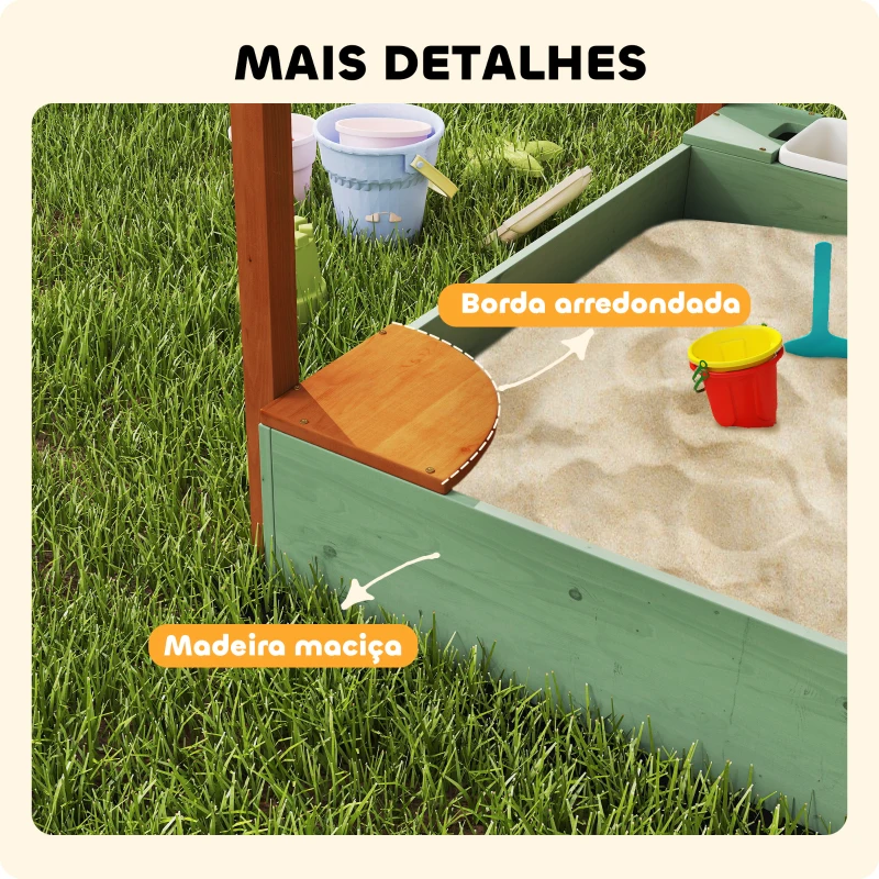 AIYAPLAY Caixa de Areia para Crianças de Madeira com Teto 2 Assentos 2 Caixas Torneira Funil 116x112,5x128 cm Verde