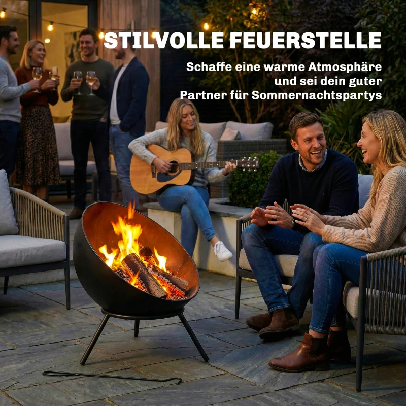 Outsunny Brasero 60 x 53 x 66cm réglable Foyer avec tisonnier grille à charbon pied Noir