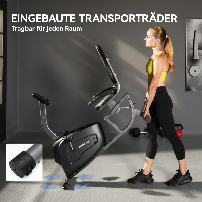 SPORTNOW Heimtrainer, Magnet-Liegerad, 8 Widerstandsstufen, verstellbar, LCD-Monitor, Metall, Kunststoff, Schwarz