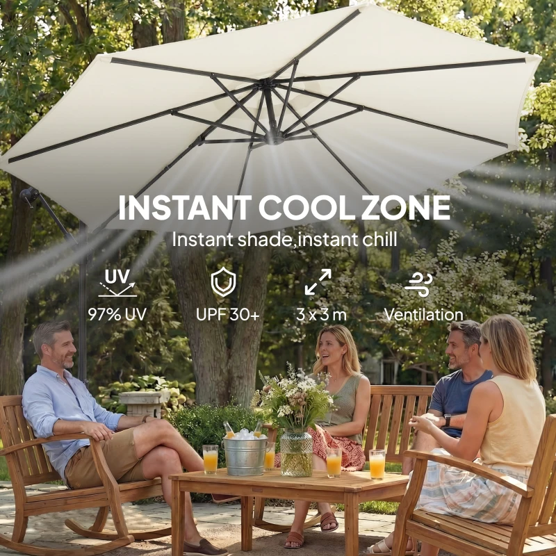 Outsunny 3 m Garden Cantilever Parasol with Cross Base, Sandbag, 360° Rotating Overhanging Banana Umbrella, Cream White