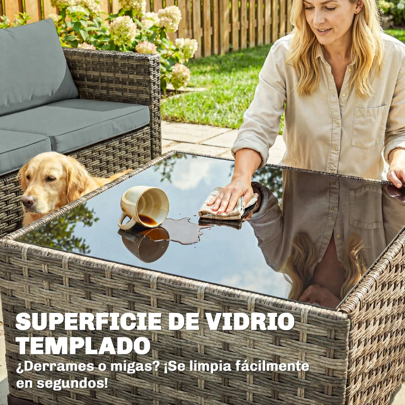 Outsunny Conjunto de Jardín Exterior de Ratán 5 Piezas con Cojines 2 Sillones de Esquina Sillón sin Brazos Reposapiés y Mesa