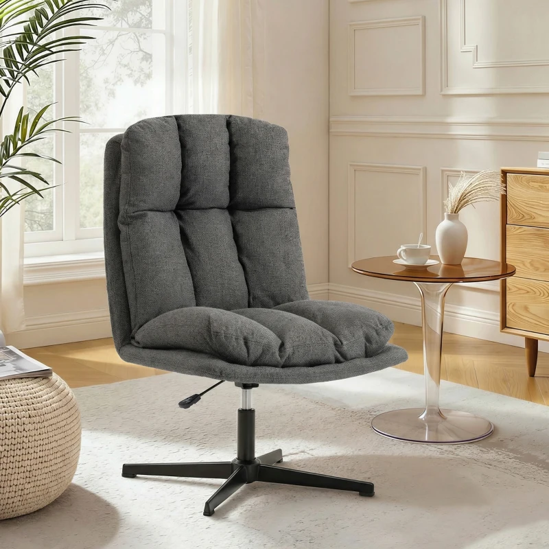 HOMCOM Fauteuil d'appoint pivotant, fauteuil de lecture en tissu effet lin sans accoudoirs avec large assise et pieds métalliques, Gris foncé