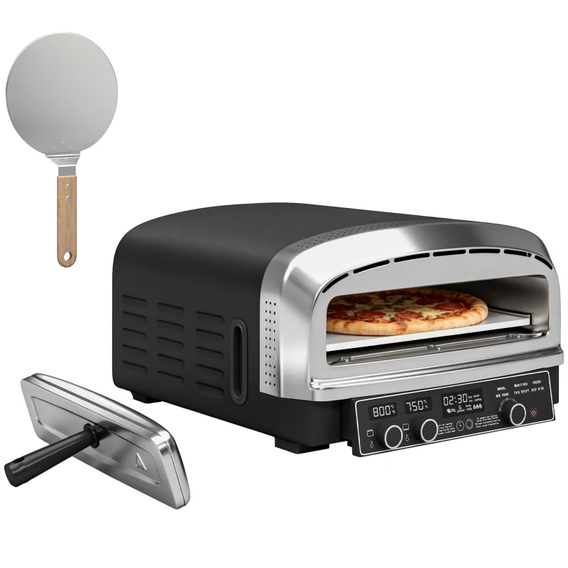 Outsunny Outdoor Pizza Oven Dual Heat Control 6 Presets Electric Pizza Maker with 37 cm Stone and Peel
