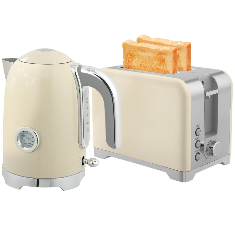HOMCOM Wasserkocher- und Toaster-Set, 2200W, 7 Bräunungsstufen, versch. Funktionen, Creme
