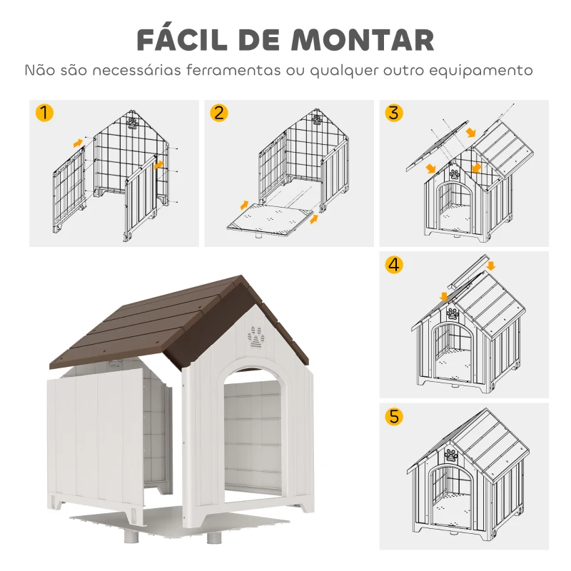 PawHut Casota para Cães de Exterior Casa para Cães Grandes de Plástico com 2 Janelas Base Elevada Estacas Castanho Escuro