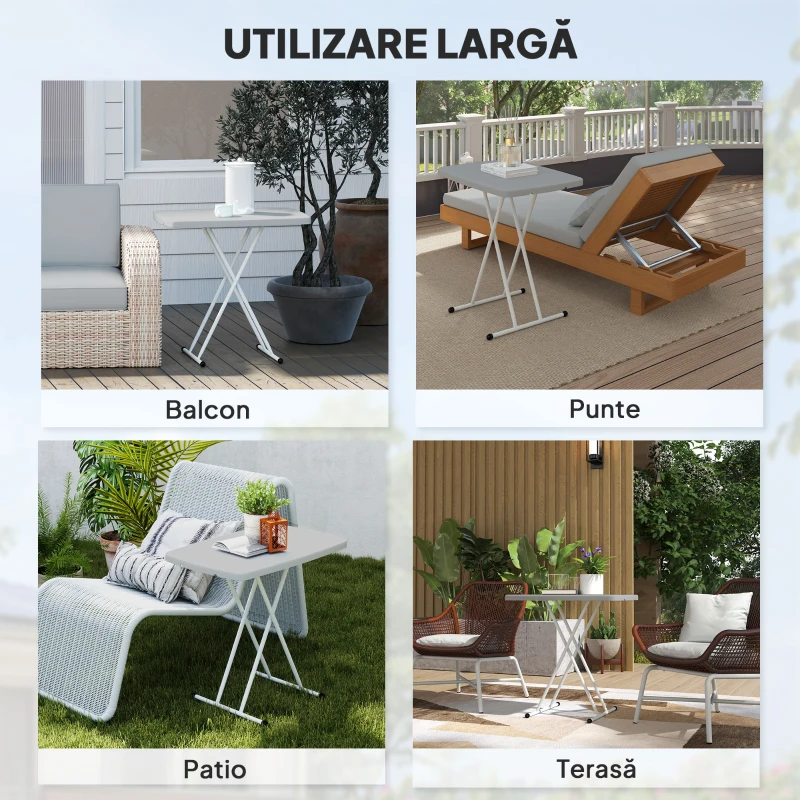 Outsunny Măsuță de Cafea Pliabilă, Reglabilă pe Înălțime și Portabilă, cu Blat HDPE și Cadru Metalic, 76x50x74 cm, Alb