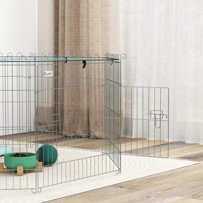 PawHut Parc pentru câini, țarc 8 panouri cu acoperiș, modular și pliabil, țarc portabil 60H cm cu ușă argintiu verde