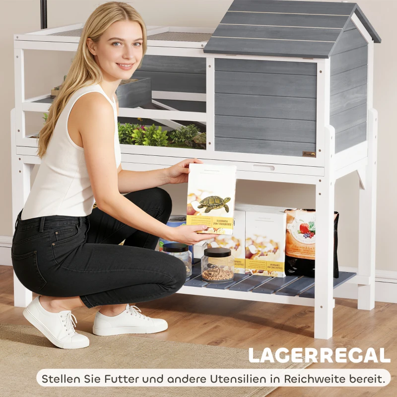PawHut Casa per Tartarughe con Supporto Lampada e Ripiano, Habitat per Piccoli Animali, in Legno, Grigio