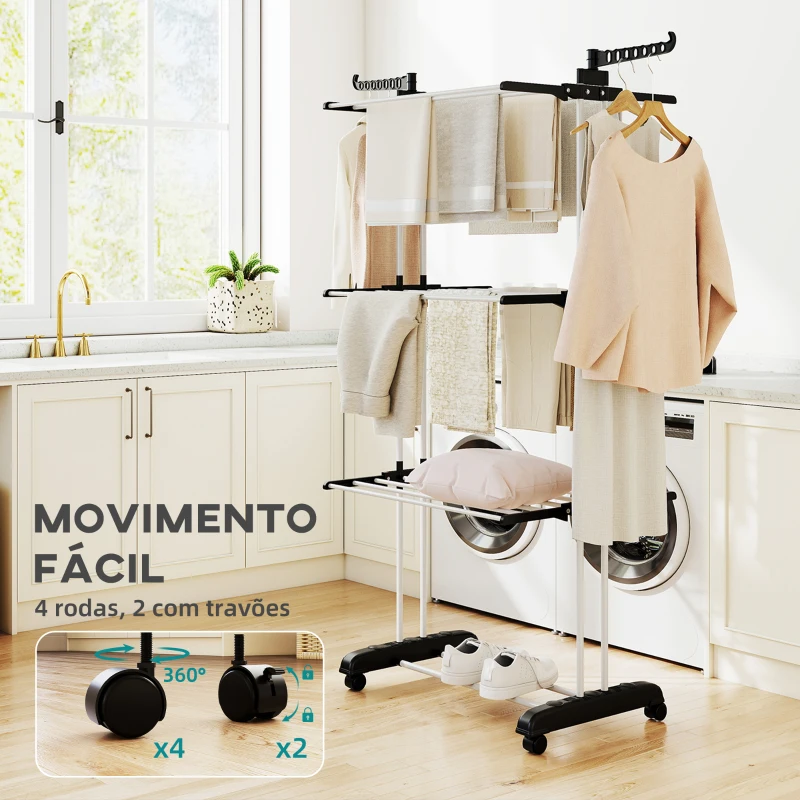 HOMCOM Estendal Dobrável para Roupa com Rodas Estendal Vertical de Aço com 3 Níveis Laterais Dobráveis 73x64x177cm Preto e Branco