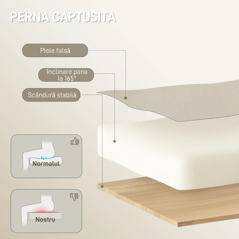 HOMCOM Scaun de Birou Rabatabil 155° cu Suport pentru Picioare, Dublă Căptușeală, Piele Ecologică, Bej