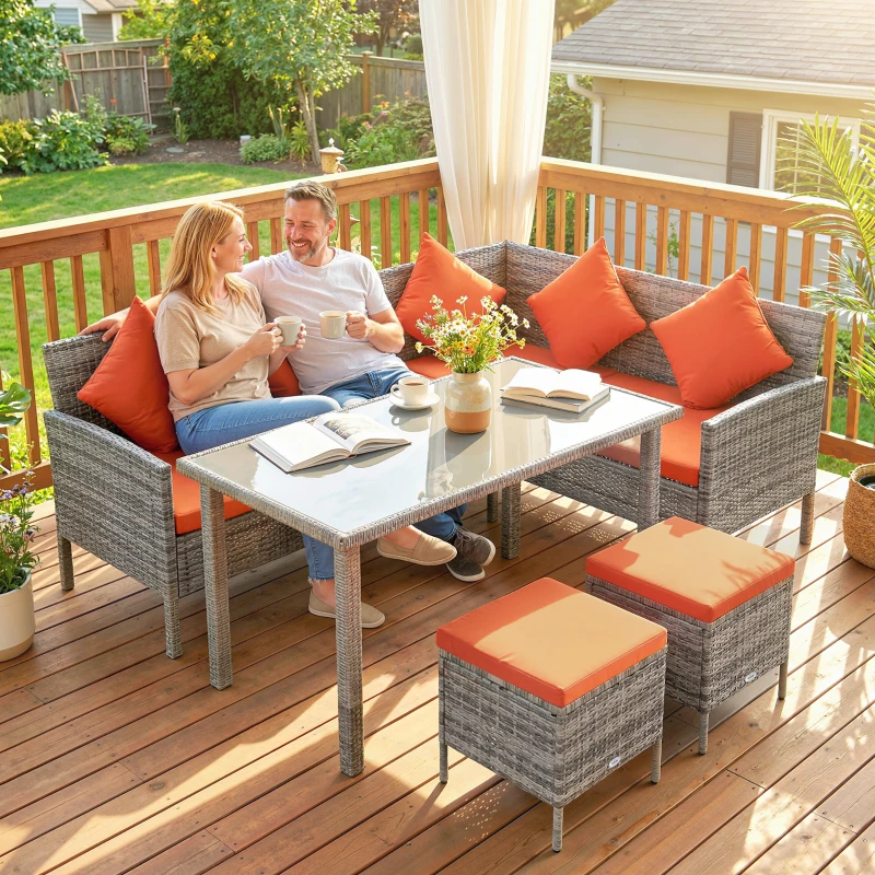 Outsunny 6-Seater Rattan Dining Set Sofa Table Footstool Outdoor w/ Cushion Garden Furniture, Orange