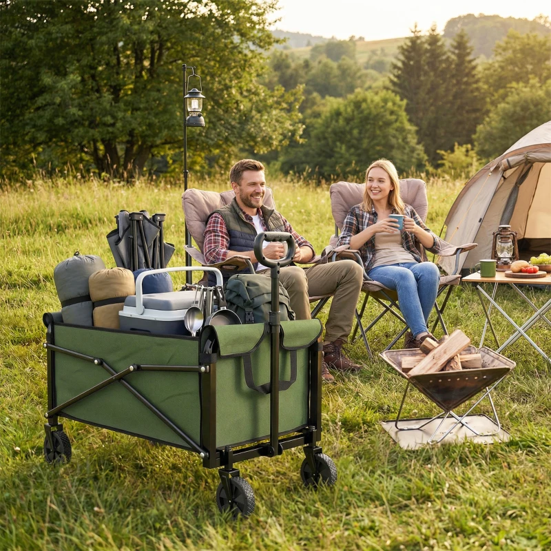 Outsunny 81L Festival Trolley on Wheels, Compact Garden Folding Trolley Cart with Adjustable Handle 80L Green