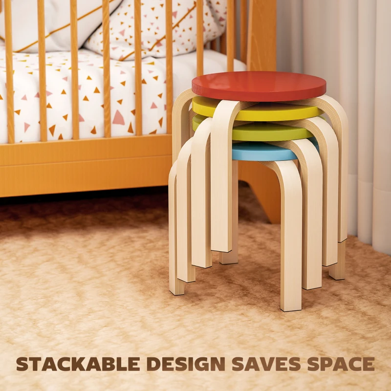 HOMCOM 4-Piece Stacking Stools, Colourful Round Wooden Stools for Home Office, Dining Room, Blue, Yellow, Red, Green