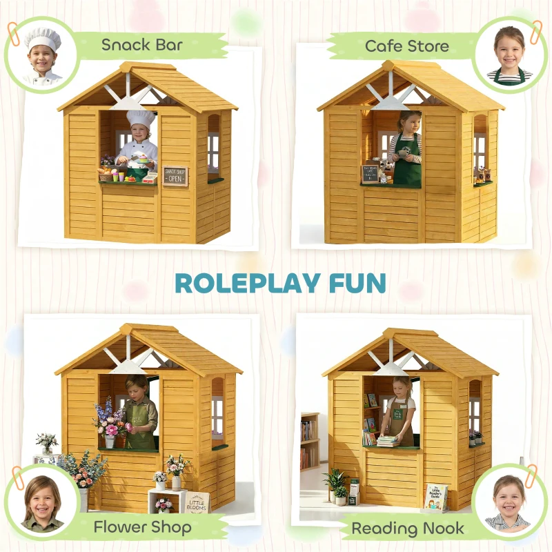 AIYAPLAY Houten kinderspeelhuis voor buiten met deur, 3 ramen en 2 bloembakken voor kinderen van 3-8 jaar, 134,5 x 97 x 150 cm, bruin