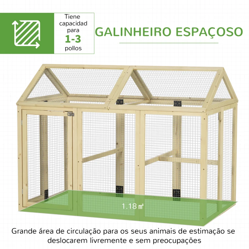 PawHut Galinheiro para Exterior 140x88,5x106 cm para 1-3 Galinhas com Estrutura de Madeira e 2 Portas com Fechadura Madeira Clara