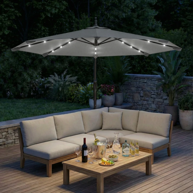Outsunny 3 m Cantilever Parasol with Solar LED Lights Garden Umbrella with Cross Base, Light Grey