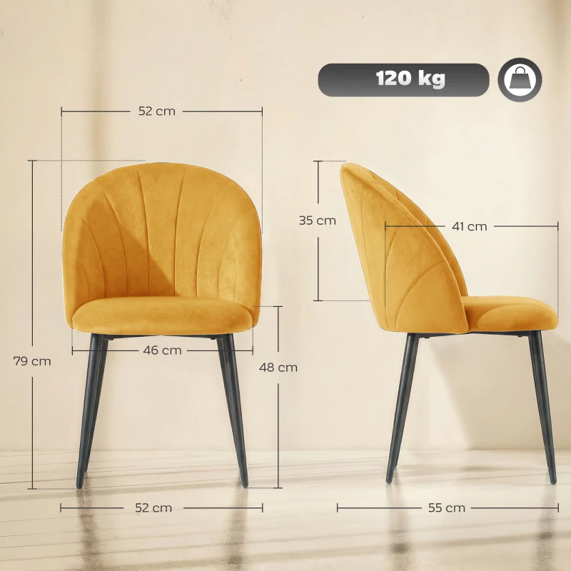 HOMCOM Lot de 2 Chaises de Salle à Manger Rembourrées avec Dossier Coquillage en Velours, 52x55x79 cm, Jaune