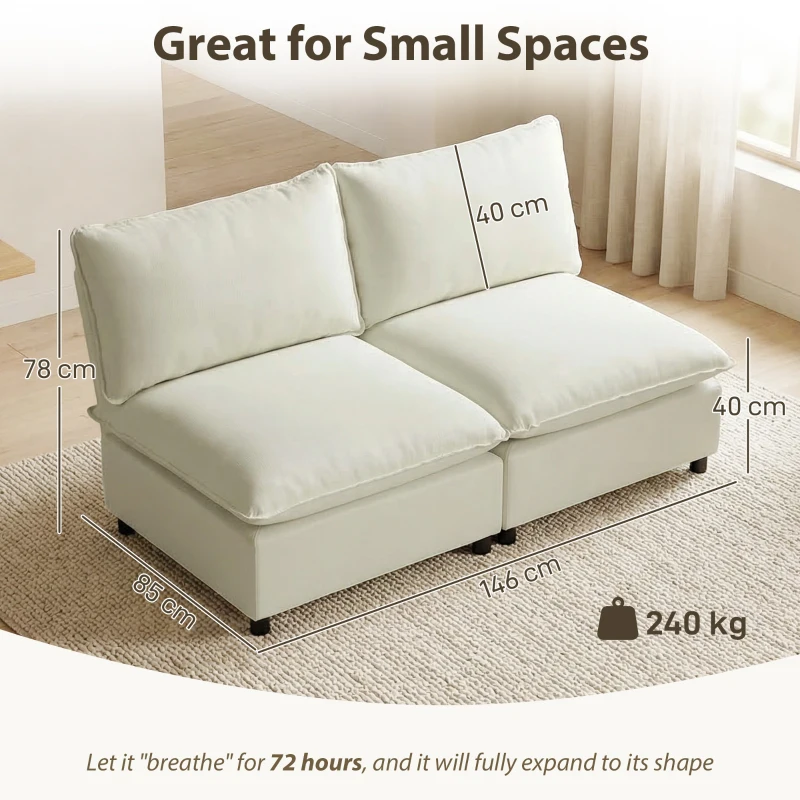 HOMCOM Divano a 2 Posti Modulabile, Divano da Salotto Moderno 146 cm senza Braccioli con Seduta Ampia e Cuscini Spessi, Crema