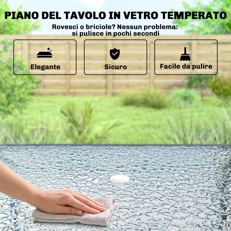 Outsunny Set da Giardino 8 pz con Ombrellone, 6 Sedie Pieghevoli e Tavolo da Esterno in Vetro Temperato, Nero