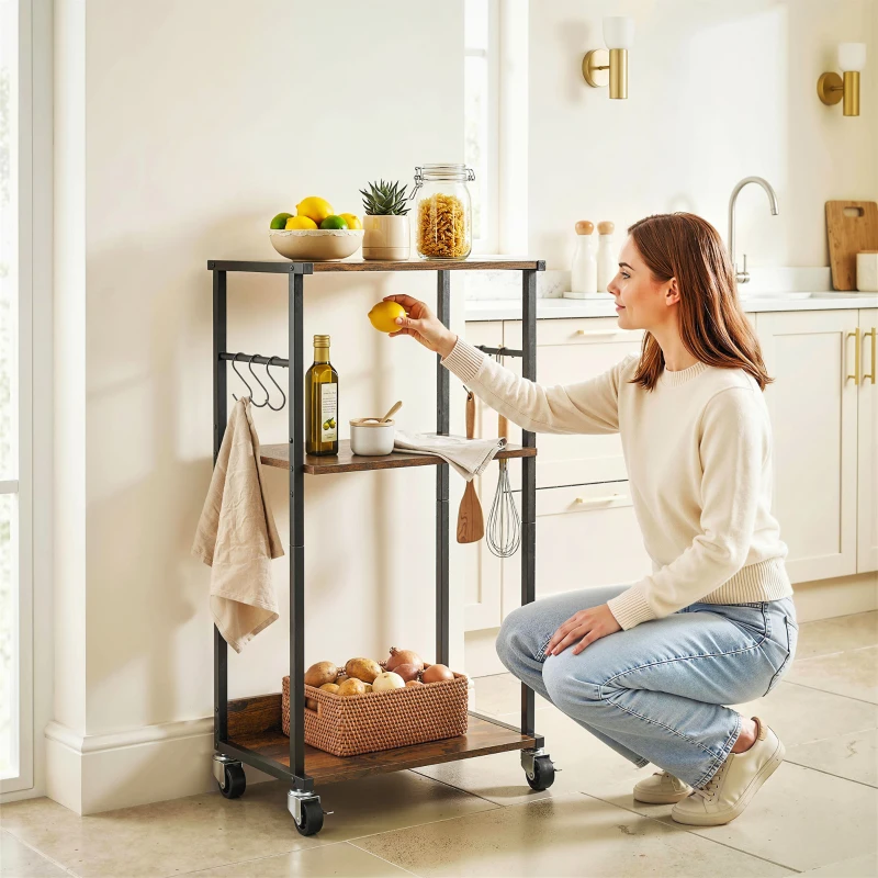 HOMCOM Mesa Industrial para Impressora 3 Níveis, Rodízios e Ganchos, Marrom Rústico.