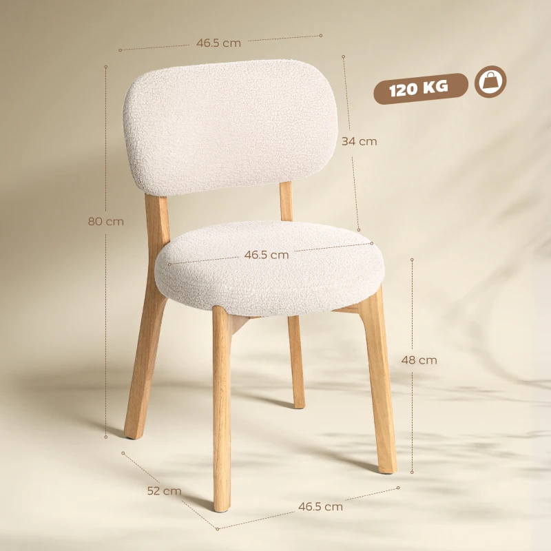 HOMCOM Set di 2 sedie da pranzo imbottite con gambe in legno di hevea, 46,5 x 52 x 80 cm, crema